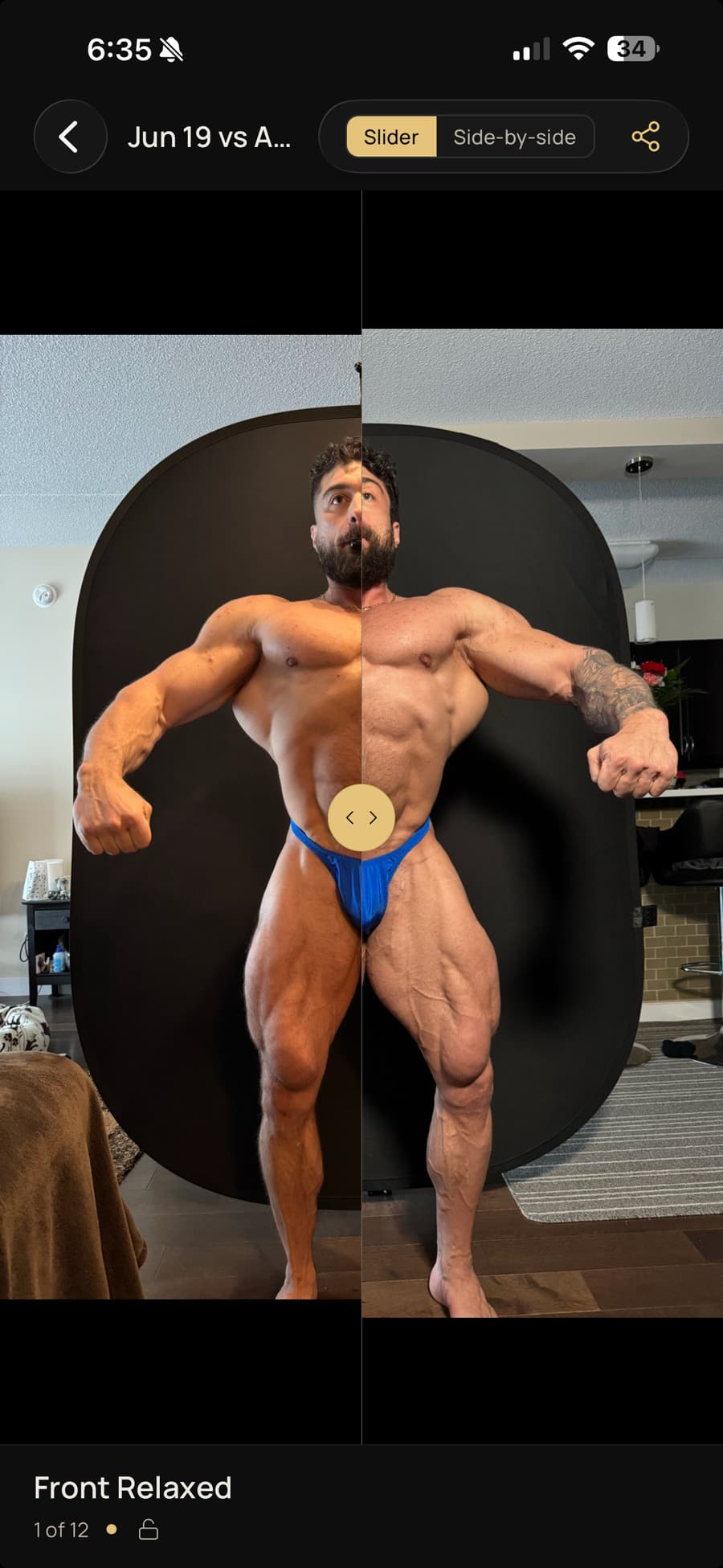 Two progress photos of the same pose overlaid, with a slider handle wiping between them.