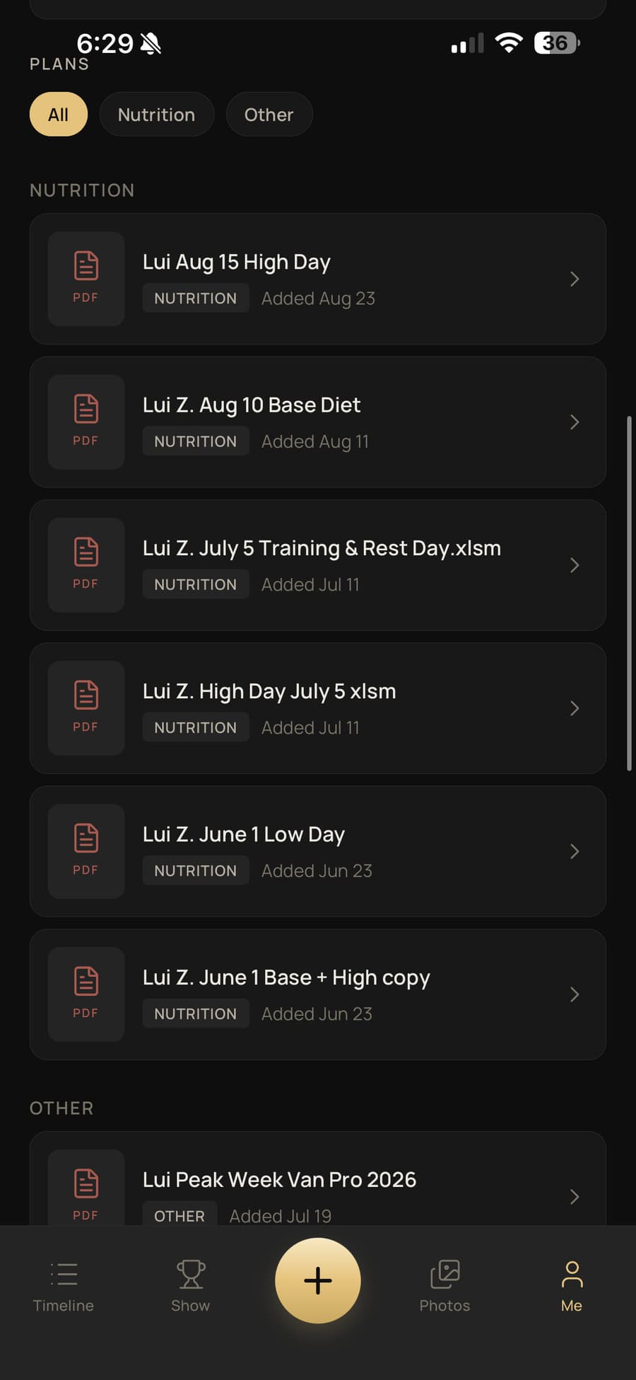 A list of plan documents filed by date, filtered by nutrition or other.