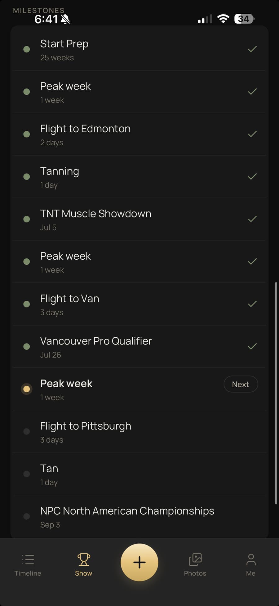 A prep calendar listing milestones in order: start of prep, peak weeks, travel, tanning and show dates.